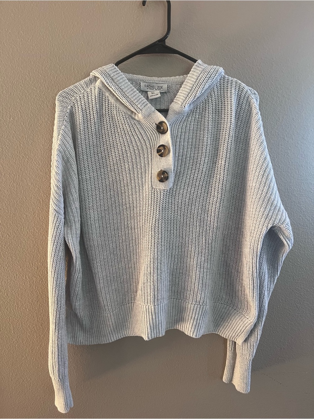 Rachel Zoe Light Gray Hooded Knit Sweater with Button Placket